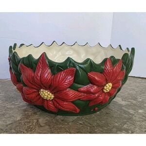 Vintage 70s Christmas Holiday Glazed Ceramic Poinsettia & Holly Serving Bowl 10"